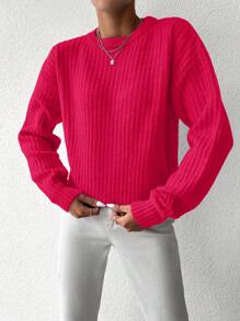 EURMUSE Maglione monocolore spalle cadenti in maglia a coste - Rosa - Visualizzare 5