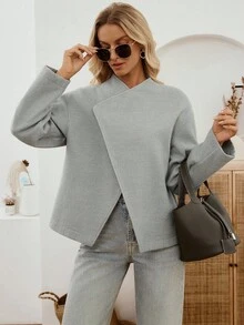 SHEIN LUNE Women's Solid Color Oblique Placket Long Sleeve Loose Woolen Coat,Light Grey Autumn Casual Everyday Business Jacket,Modern Winter Clothes For Woman - Grey - View 9