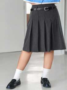 Dazy Plus Váy dài đến đầu gối xếp ly chữ A màu trơn cỡ lớn cho nữ, phong cách học sinh mùa thu - Màu xám đen - Xem 9