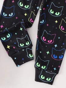 SHEIN 2pcs/Set Young Girls Glowmode Glow-In-The-Dark Cartoon Cat Print T-Shirt Leggings Snug Fit Pajamas Black Summer Fairy Family Matching Sleepwear Set - Black - View 5