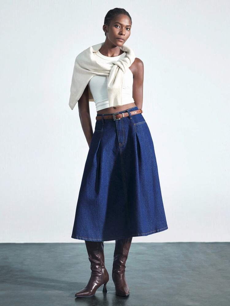 SHEIN Maija Damen plissierter Denim-Rock für Lässig/Büro-Stil