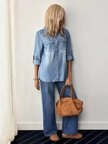 EMERY ROSE 女士 V 领单排扣下摆袖口休闲牛仔衬衫 - 淺色水洗藍 - 查看 7