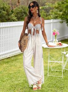 KARISMINA 2 件套女士夏季燕麦格纹绑带亚麻混纺流苏波西米亚抹胸和裤子套装节日服装图卢姆巴厘岛度假服装瑜伽女神昆达里尼裤西部流苏狂欢套装两件套女士外出度假夏装女士 - 彩色 - 查看 4