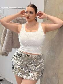 SHEIN EZwear Áo tank top cỡ lớn đính đá lấp lánh, kiểu dáng thanh lịch, thích hợp cho kỳ nghỉ, công sở, tiệc trưa, phong cách Fairycore, đi concert, câu lạc bộ, gợi cảm, thời trang, mặc hàng ngày mùa hè/xuân. - trắng - Xem 4