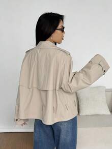 SHEIN EZwear 秋冬女士休闲百搭纯色双排扣风衣 - 卡其色 - 查看 2