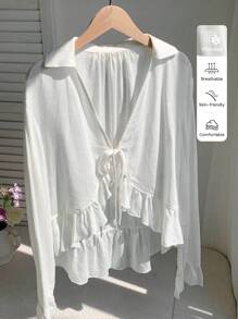 Comfortcana 女士休闲百搭白色荷叶边系带衬衫，返校白色荷叶边夏季衬衫，长袖荷叶边系带前衬衫，波西米亚风，商务休闲女装，教师装，乡村音乐会，秋季，早午餐，西部服饰