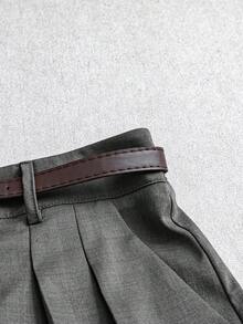 Franclia 大码女式纯色优雅腰带装饰短裤，适合通勤、郊游、夏季、办公室、派对、休闲装 - 深灰色 - 查看 5