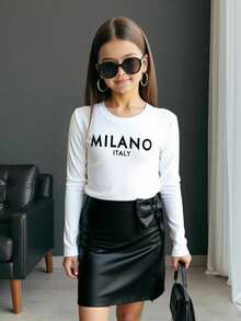 SHEIN Tween Girl Fashion Casual 2 Pieces Set: Knit Letter Graphic Print Crew Neck Long Sleeve Fitted T-Shirt + PU Leather Solid Bow Decor Snug Fit Mini Skirt, Autumn/Winter Outfit Bow Skirt Black And White Skirt Girl Outfit Black And White - Black and White - View 8