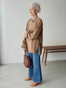 FRIFUL 女式纯色卡其色圆领长袖拼布侧开衩下摆宽松休闲百搭 T 恤，秋季穿着 - 咖啡棕 - 查看 2