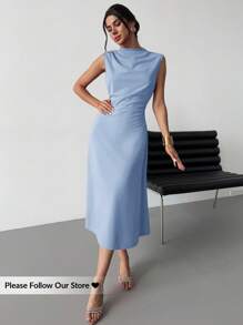 Firerie Váy ngắn xếp ly chữ A, màu đỏ, thanh lịch, tối giản, tinh tế, lãng mạn, ngọt ngào, đi làm hàng ngày, tiệc cưới, lễ hội âm nhạc, kỳ nghỉ - Màu xanh lam - Xem 3