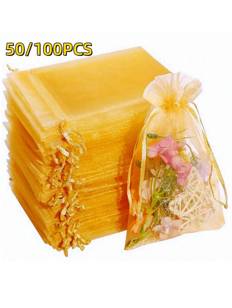 10/50/100PCS, Organza Gift Packaging Bags, Gold Organza Candy Bags, Christmas Colorful Multi-Color Gift Packaging Bags Table Supplies, Lavender Spice Packaging Bags, Christmas Home Supplies, Festival Wedding Party Favor Packaging Supplies - Multicolor - View 1