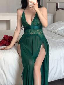 Napfluff 性感网眼开衩长裙，情人节女士睡袍 - 墨綠色 - 查看 6