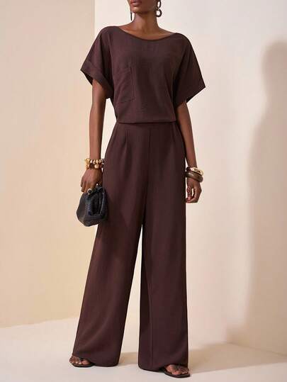 Zivah 20  Autumn/Winter New Arrival, Casual & Commute & Vacation Leisure & Daily Wear, Solid Brown Loose Drop Shoulder Short Sleeve Crew Neck Pocket Blouse And Extra Long Straight Pants, Woven Textured Fabric Women 2 Pieces Set