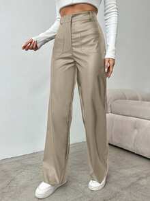 EURMUSE Women's Solid Color High Waist Straight Leg Pants, Suitable For Commuting - Cream - View 3