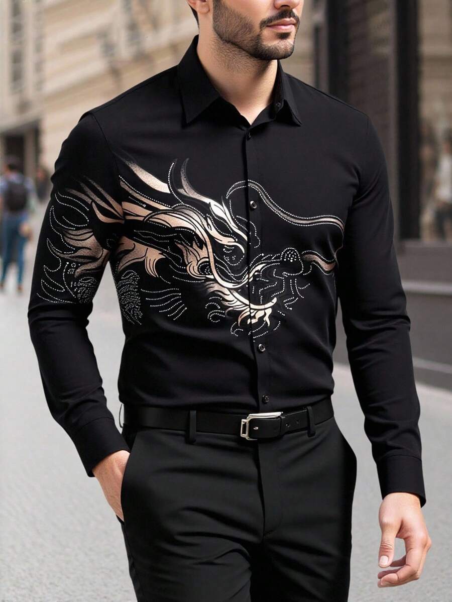 Manfinity AFTRDRK Áo sơ mi nam cài nút họa tiết rồng Trung Quốc, áo sơ mi dài tay rộng thùng thình, quà tặng bạn trai, mùa thu - màu đen - Xem 1