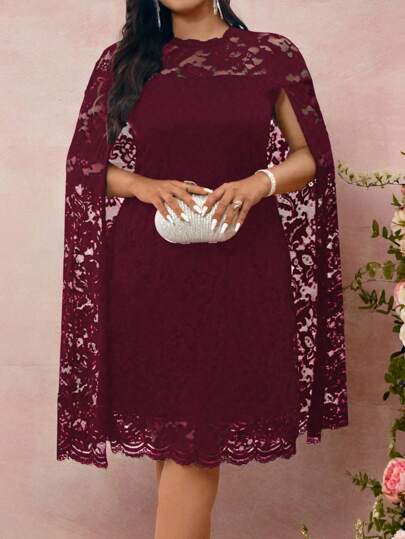 Cravure Women's Plus Size Round Neck Slit Long Sleeve Cape Loose Fit Lace Dress Summer Women Outfit Spring Dress Elegant Lace Dress Wedding Women Dress Romantic Dress Wedding Guest Business Casual Dress