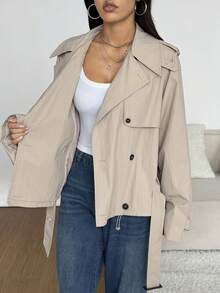 SHEIN EZwear 秋冬女士休闲百搭纯色双排扣风衣 - 卡其色 - 查看 6