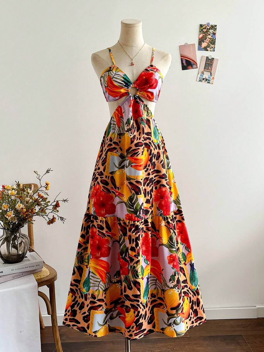 Soleia 女式花卉豹纹镂空腰吊带连衣裙 - 彩色 - 查看 1