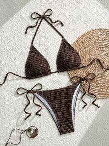 Swim Vcay Swimsuits For Woman Summer Beach Mono Bikini Set Smocked Micro Triangle Bra & Tie Side Bottom 2 Pieces Bikini - Coffee Brown - View 3