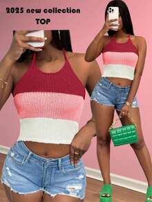 Slaydiva Nouveau Top tricoté à rayures multicolores style décontracté, de rue, sexy, pour sorties quotidiennes, vacances à la plage, croisière, anniversaire, avec bretelles ras-du-cou. Convient pour les femmes lors de concerts, vacances, etc. - Rose bonbon - Voir 4