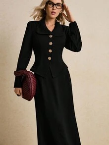Poéselle 女士优雅通勤纯色夹克和裙子套装 - 黑色 - 查看 4