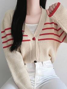 DAZY Chaqueta de punto de cuello en V con contraste de color, suéter holgado de manga larga informal para mujer - Albaricoque - Ver 2