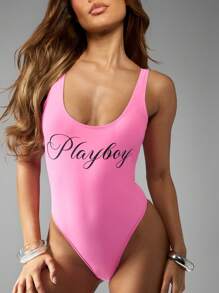 Missguided x Playboy 连体泳衣圆领高开叉露背复古风格标志标语经典夏季泳池沙滩泳衣 - 粉色 - 查看 1