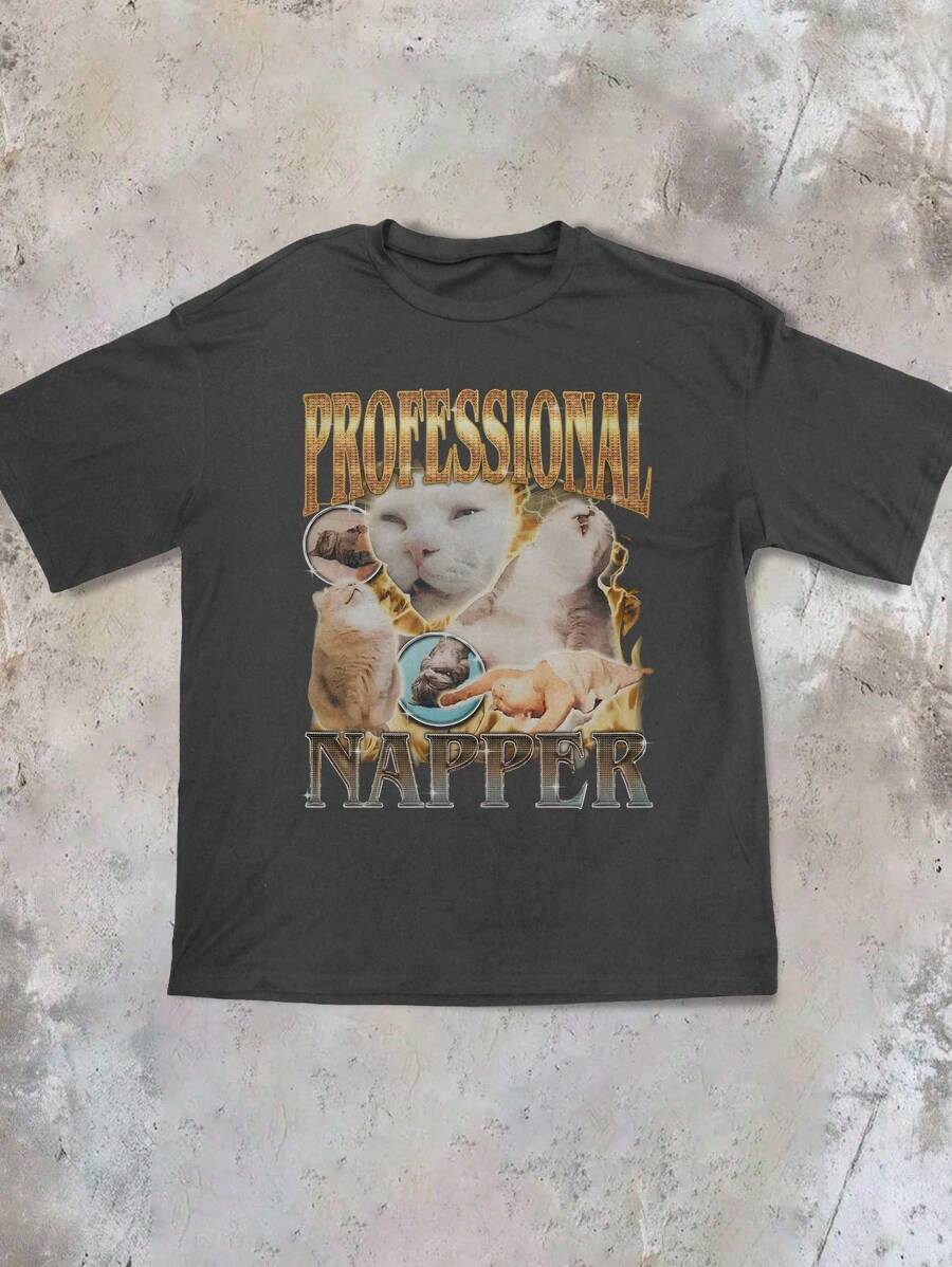 Professional Napper Cat Meme T-Shirt Funny Cat Lover Gift, Women Vintage Style Oversized Short Sleeve Crew Neck Pullover Suitable For Spring/Summer - Grey - View 1