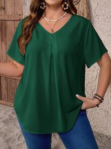 EMERY ROSE Plus Size V-Neck Ruched Summer Short Sleeve Casual Solid Top,Country Vacation Woman,Simple And Fashionable For Everyday Wear,Summer Tops Women,Summer - Green - View 1