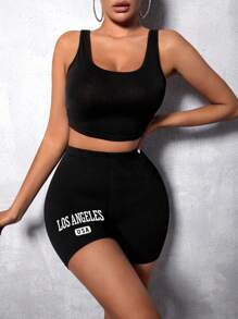 SHEIN Unity 字母圖案彈性腰帶騎行褲 - 黑色 - 查看 6