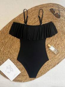 SHEIN Swim Summer Beach Solid Ruffle Trim One Piece Swimsuit - Black - View 6