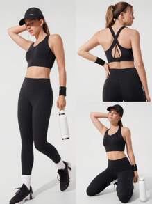 GLOWMODE Hot Take 吸汗高压缩前拉链模压泡沫罩杯交叉多带后背 U 领运动文胸中等强度跑步慢跑训练健身房锻炼 - 黑色 - 查看 10