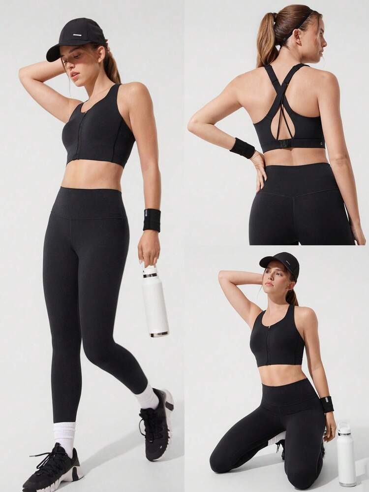 Sujetador deportivo de alto impacto con tela transpirable y de alta compresión, copas con espuma moldeada, espalda con múltiples tirantes cruzados y cuello en U, ideal para correr, trotar, entrenar y hacer ejercicio