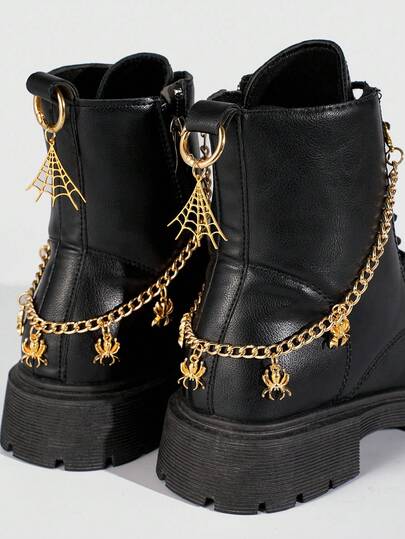Grunge Punk 4 Stücke/Set Gothic Stil goldene Spinnen Kette Schuh Dekoration, Spinnennetz Halloween Atmosphäre Schuh Stiefel Dekorationskette