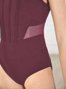 SHEIN Malla negra minimalista con empalme para niñas preadolescentes, ajuste ceñido para la escuela, entrenamiento profesional, ballet, gimnasia, estudio de danza, leotardo de danza - Burdeos - Ver 6