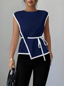 Elenzga 女士优雅通勤腰部收紧撞色衬衫 - 藏蓝色 - 查看 4