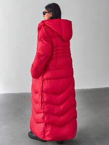 Women Solid Color Belted And Pocket Detailed Long Winter Coats - Red - View 2