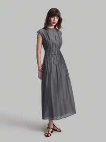 Ontre 2025 New Autumn Women's Elegant Solid Gray Waist Cinched Long Dress, Graceful Dress For Women, Outerwear, Business Casual Vacation Beach Birthday Party Outfit, Teacher Uniform, Office Wear