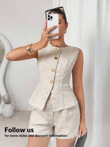Lavishia Women's Summer  Two Pieces Set  Metal Single-Breasted  Curve Neck Vest & Shorts Linen Tweed Frenchy Metal Button Elegant Blouse And Shorts  Summer  Business Casual Woman  Work Clothes Women  Office Outfits For Women    Business Casual  Business Women Attire   Professional Women Clothes   Graduation Dress  Woman  Clothes   Teacher Clothes   Airport Summer Honeymoon Woman  For Women Boho