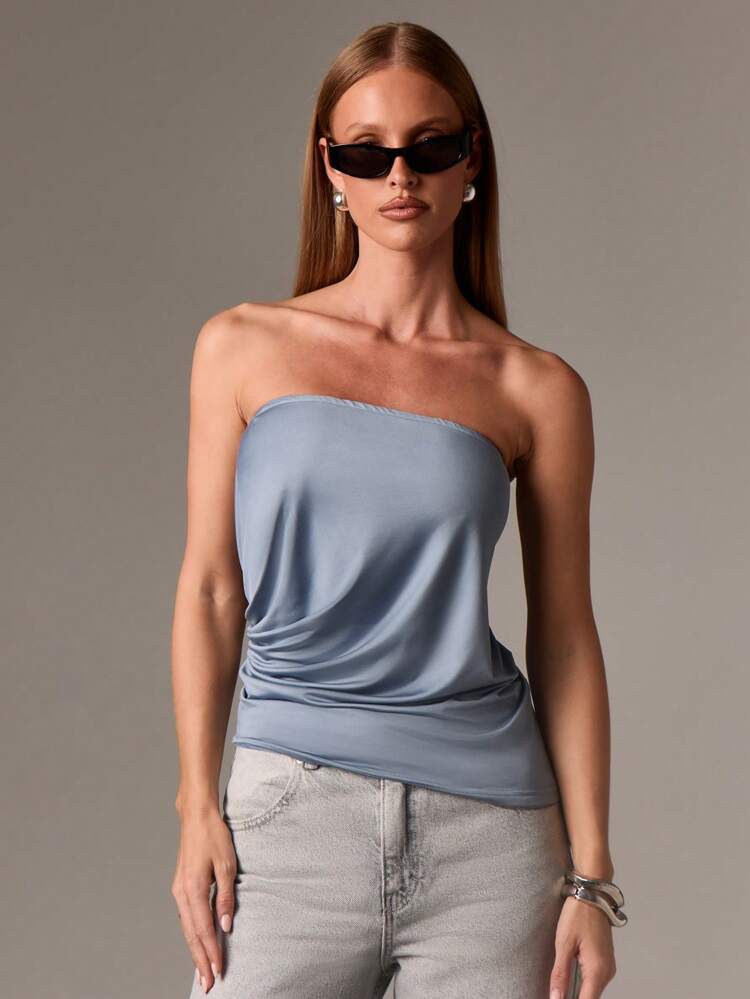 AiiRZ Top bandeau drapé sans bretelles, détail plissé sur le côté, élégant pour soirée, satin, pour sortie en club, occasion d'été