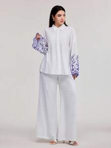 Veilorie Floral Embroidery Drop Shoulder Shirt - White - View 5