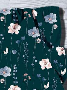 SHEIN LUNE Plus Size Women Casual Floral Print Cap Sleeve Blouse, Suitable For Summer - Dark Green - View 4