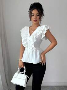 Elenzga 女式夏季优雅V领双荷叶边下摆收腰衬衫