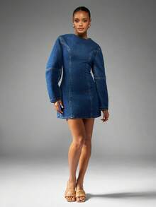 MISSGUIDED Denim Mini Dress Long Balloon Sleeves Fitted Waist Structured Silhouette Vintage Style Perfect Fall Winter Outfit Street Fashion Statement Piece - Blue - View 5