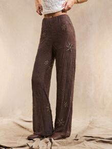 Easelle Quần ống đứng dáng rộng màu nâu họa tiết hạt phong cách Bohemian dành cho nữ, mùa hè - màu nâu - Xem 4