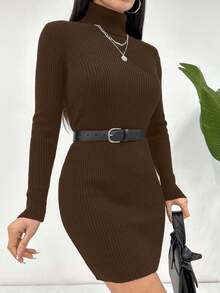 EURMUSE Herbst/Winter Lässig einfarbiges Rollkragen figurbetontes Strickkleid