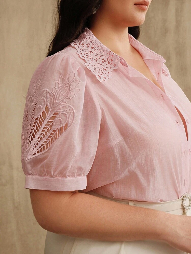 Elegant & Fashionable Eyelet Embroidery Lantern Sleeve Pink Blouse, Summer