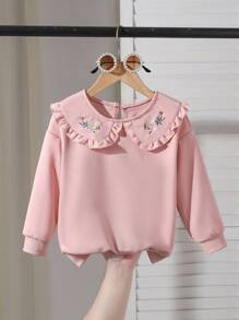 少女甜美公主风花卉刺绣翻领落肩长袖卫衣，秋冬