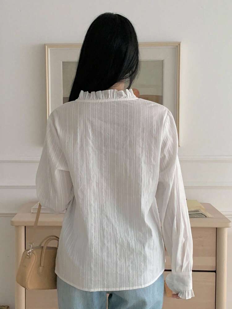 Women's Solid Color Loose Long Sleeve V-Neck Ruffle Casual Elegant Blouse, Suitable For Spring And Autumn,Fall Women Clothes