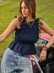 Aralina 秋冬褶皱细节背心，可拆卸泡泡袖，蝴蝶结细节娃娃装，斯德哥尔摩风格 Y2K 可爱上衣 - 藏蓝色 - 查看 4